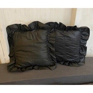 Vtg Black Chintz Decorative Ruffles Set of 2 Pillows Dark Romantic Cottage 15x15